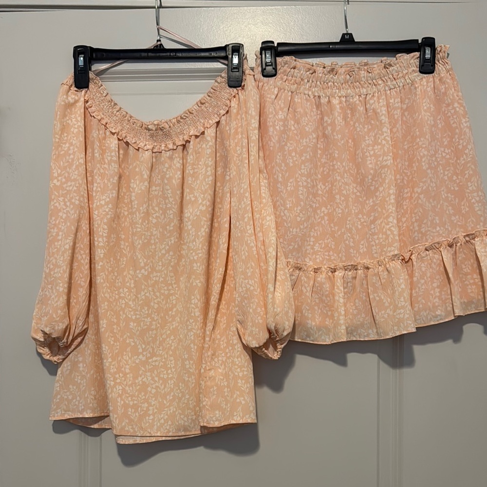 LC Lauren Conrad Floral Peach Off-shoulder blouse & skirt set